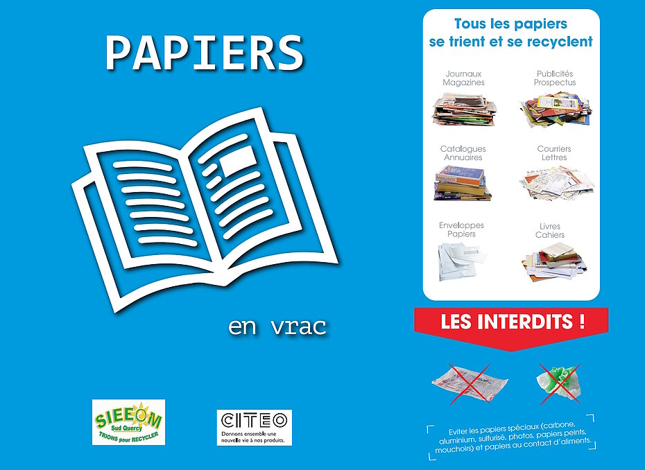 Mémo tri -Journaux, magazines, publicités, catalogues, livres, cahiers, enveloppes, courriers... Tous les papiers se trient et se recyclent !